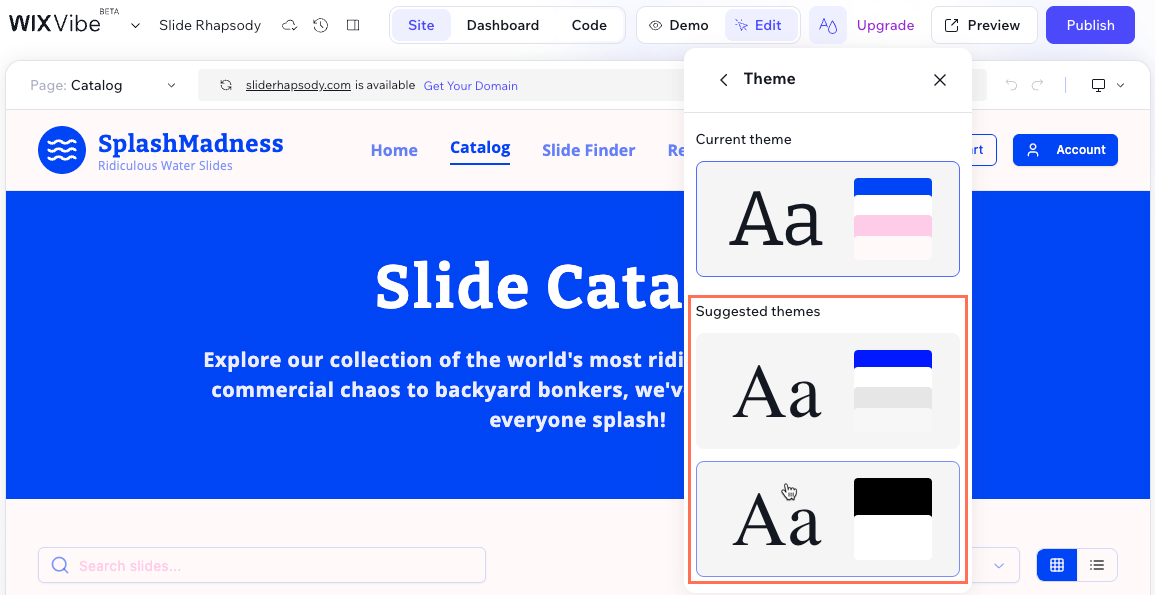 Screenshot of selecting a suggested site theme.