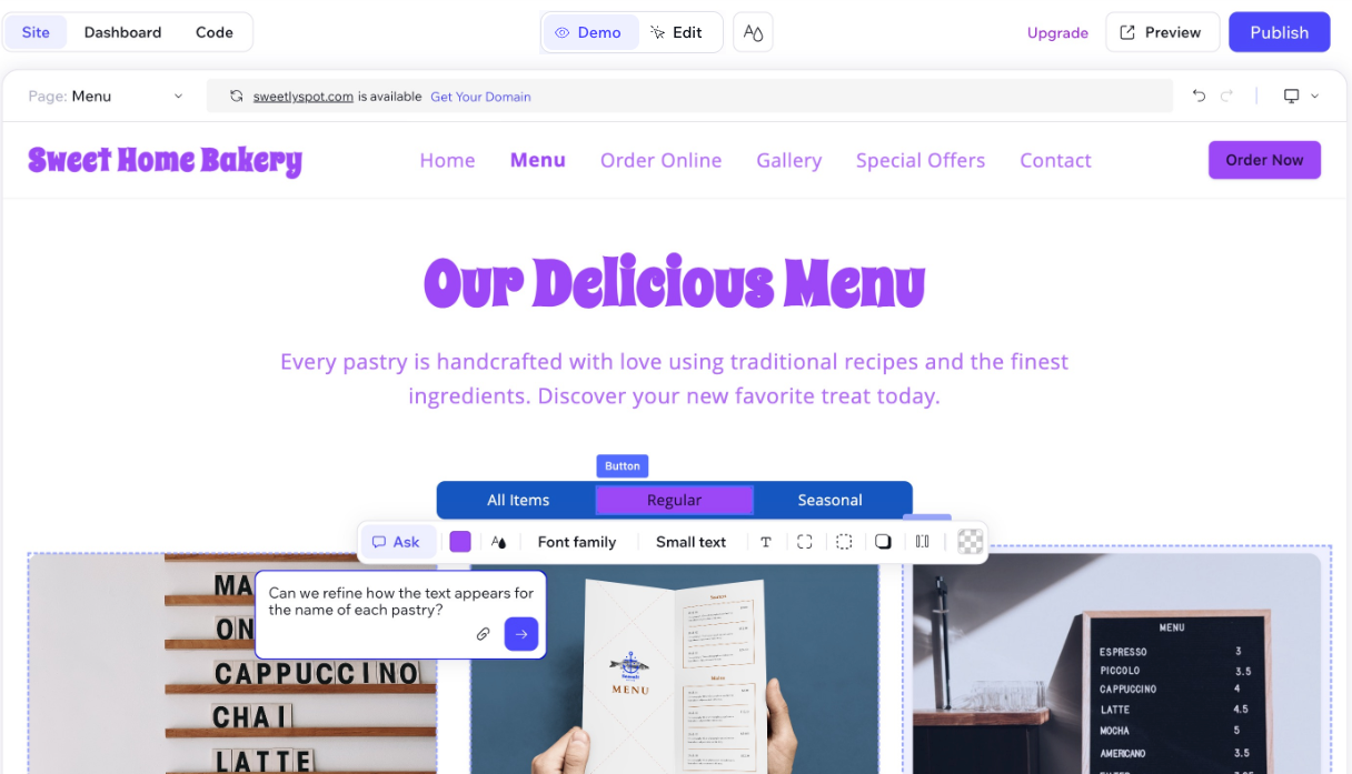 A screenshot of using the customization features to update a site in Wix Vibe.