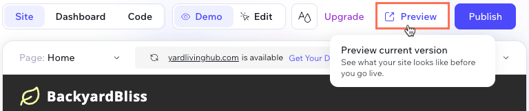Screenshot of clicking to preview a site in the Wix Vibe Editor.