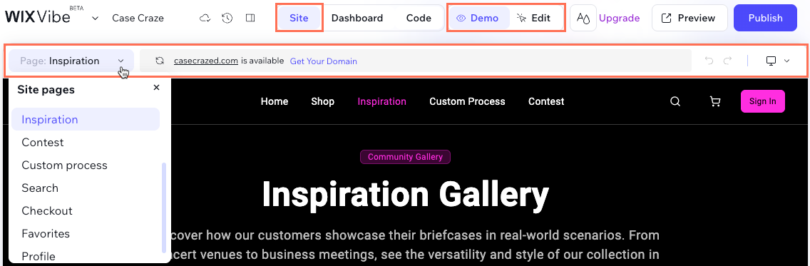 Screenshot of the Site tab in the Wix Vibe Editor.