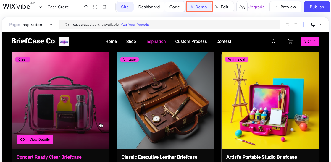 Screenshot of testing site functionality in demo mode.