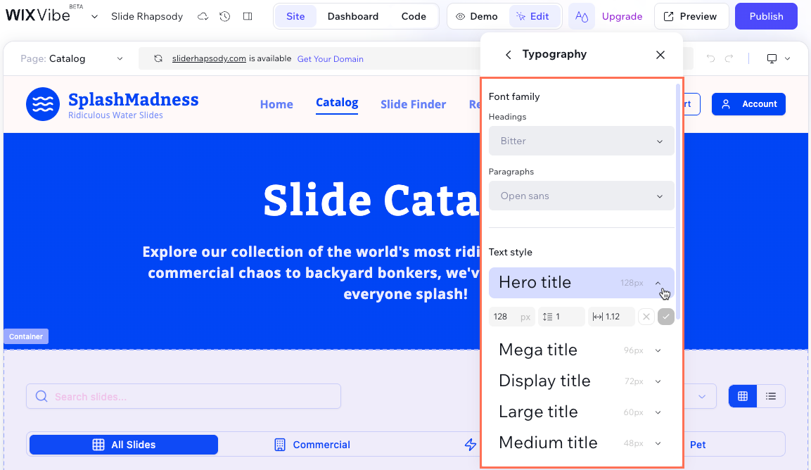 Screenshot of the font family and text styles you can choose.