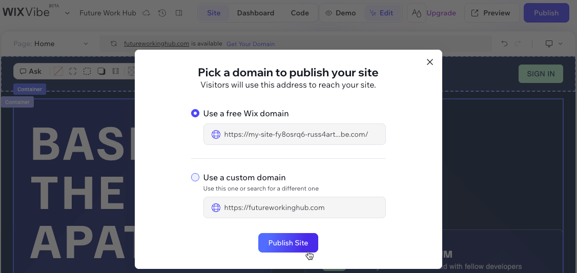 Screenshot of publishing a Wix Vibe site for the first time.