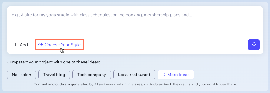 Screenshot of clicking to choose the site's style before creating the site blueprint.