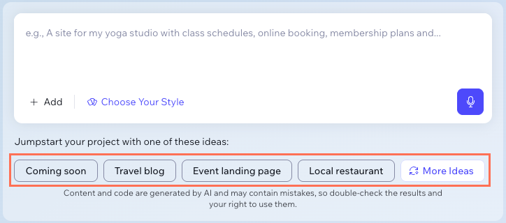 A screenshot showing the Wix Vibe prompt field with suggested prompts below it.
