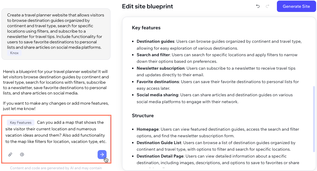 A screenshot of a Wix Vibe site blueprint with a prompt entered into the AI chat field to the left of the screen.