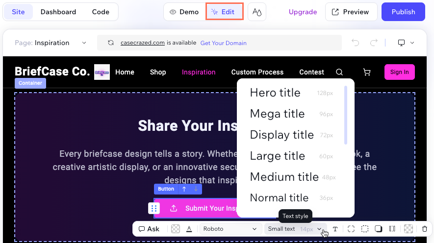 Screenshot of using edit mode in the Wix Vibe Editor.