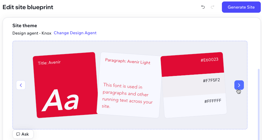 A screenshot of a Wix Vibe site brief with the site theme being changed.