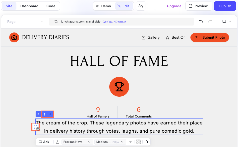 Screenshot of the Reorder icon and arrows you can use to reorder elements in the Wix Vibe Editor.