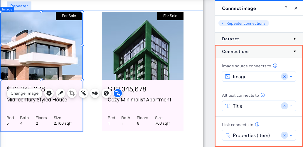 Screenshot of connecting images in a repeater to the CMS.
