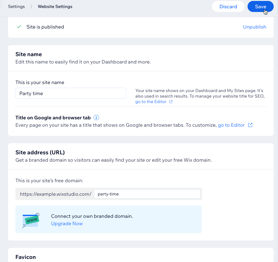 Screenshot of the website settings for a Wix site.