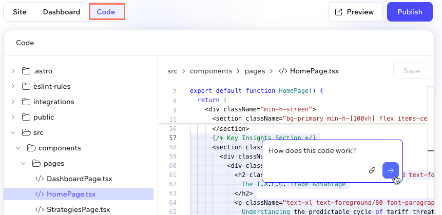 Screenshot of using the Ask chat box on the Code tab to understand the code.