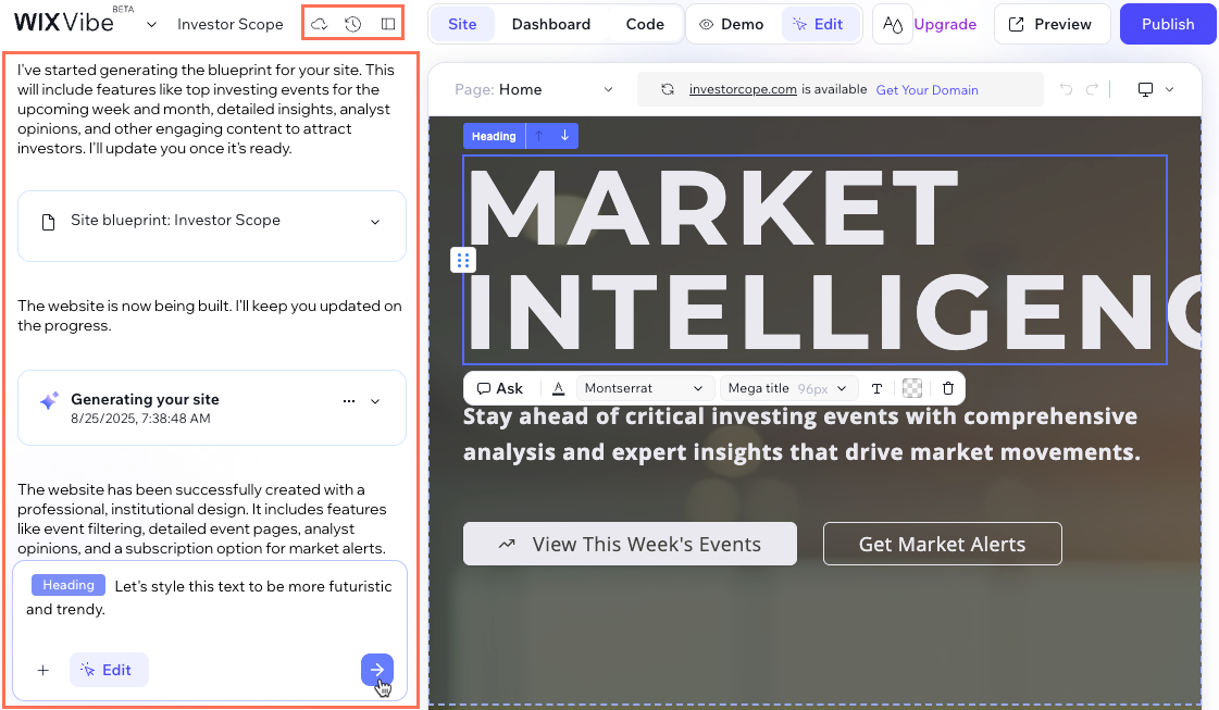 Screenshot of the chat panel in the Wix Vibe Editor.