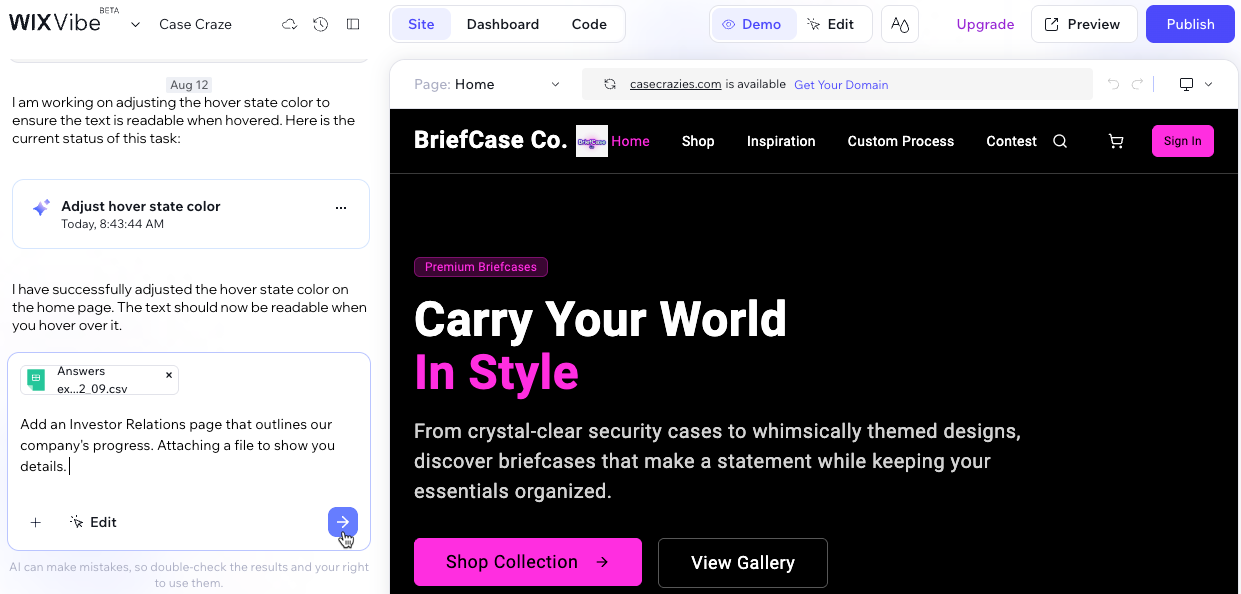 Screenshot of the Wix Vibe Editor.