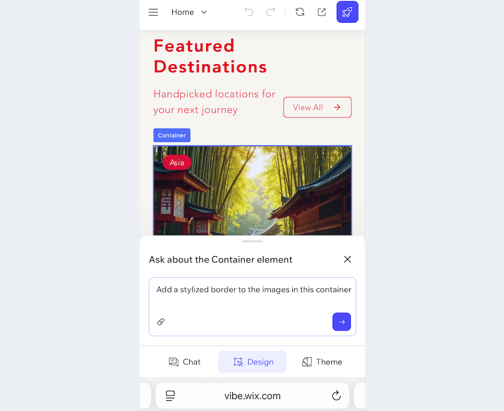 Screenshot of the Wix Vibe Editor on a mobile phone's browser.
