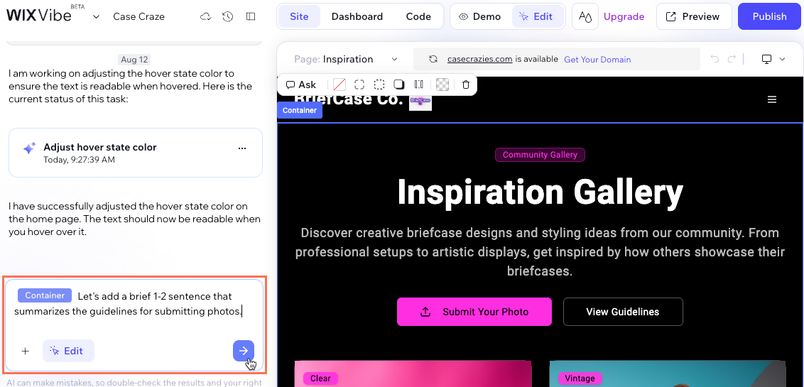Screenshot of sending a chat message to Wix Vibe.