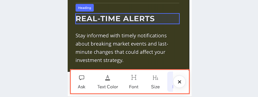 Screenshot of the Wix Vibe mobile editor showing the design panel to manually adjust element settings.