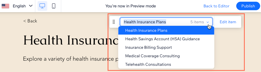 Screenshot of the Preview toolbar where you can navigate to other items and edit them.