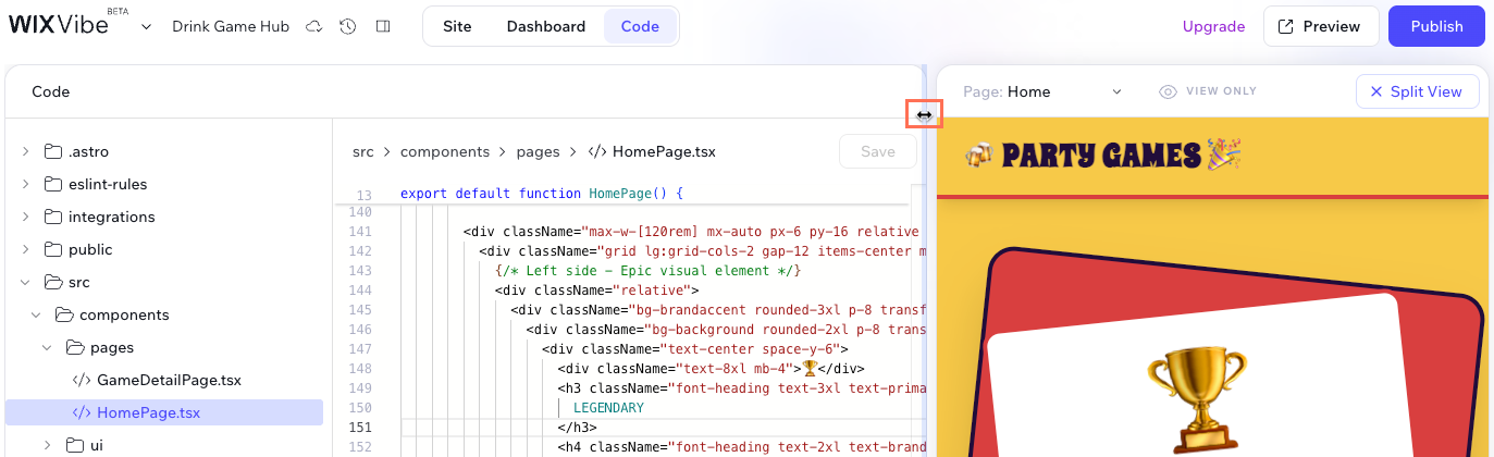 Screenshot of dragging the divider to resize the views.