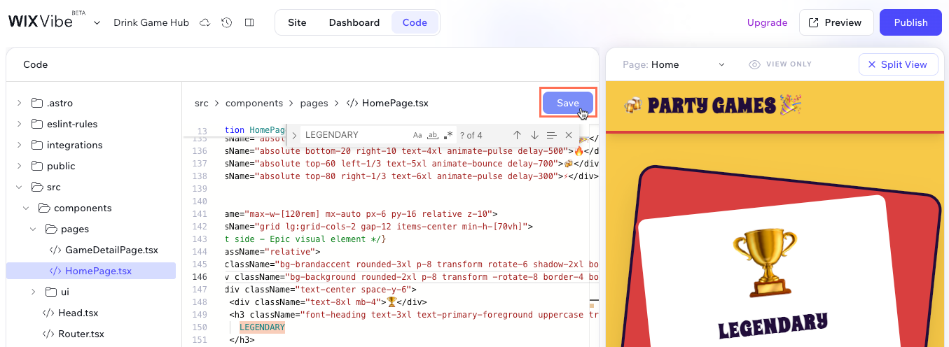 Screenshot of saving code edits in split view.