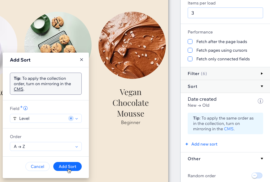 Screenshot of adding a sort condition to the dataset settings.