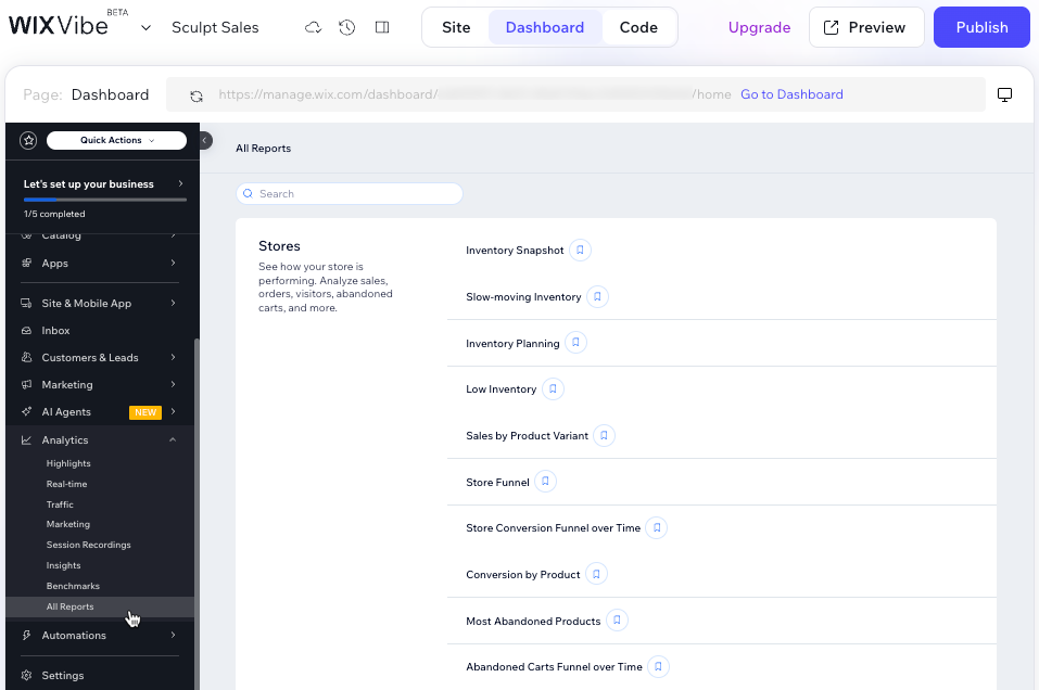 Screenshot of the Stores analytics reports in Wix Vibe.