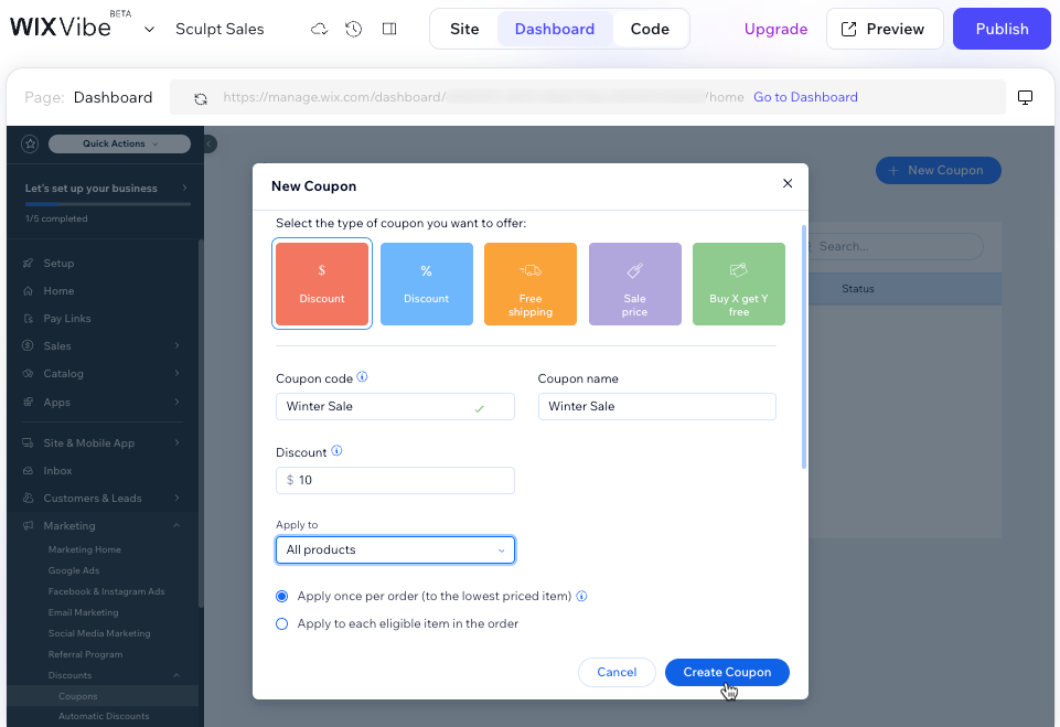 Screenshot of creating a coupon for a store in Wix Vibe.
