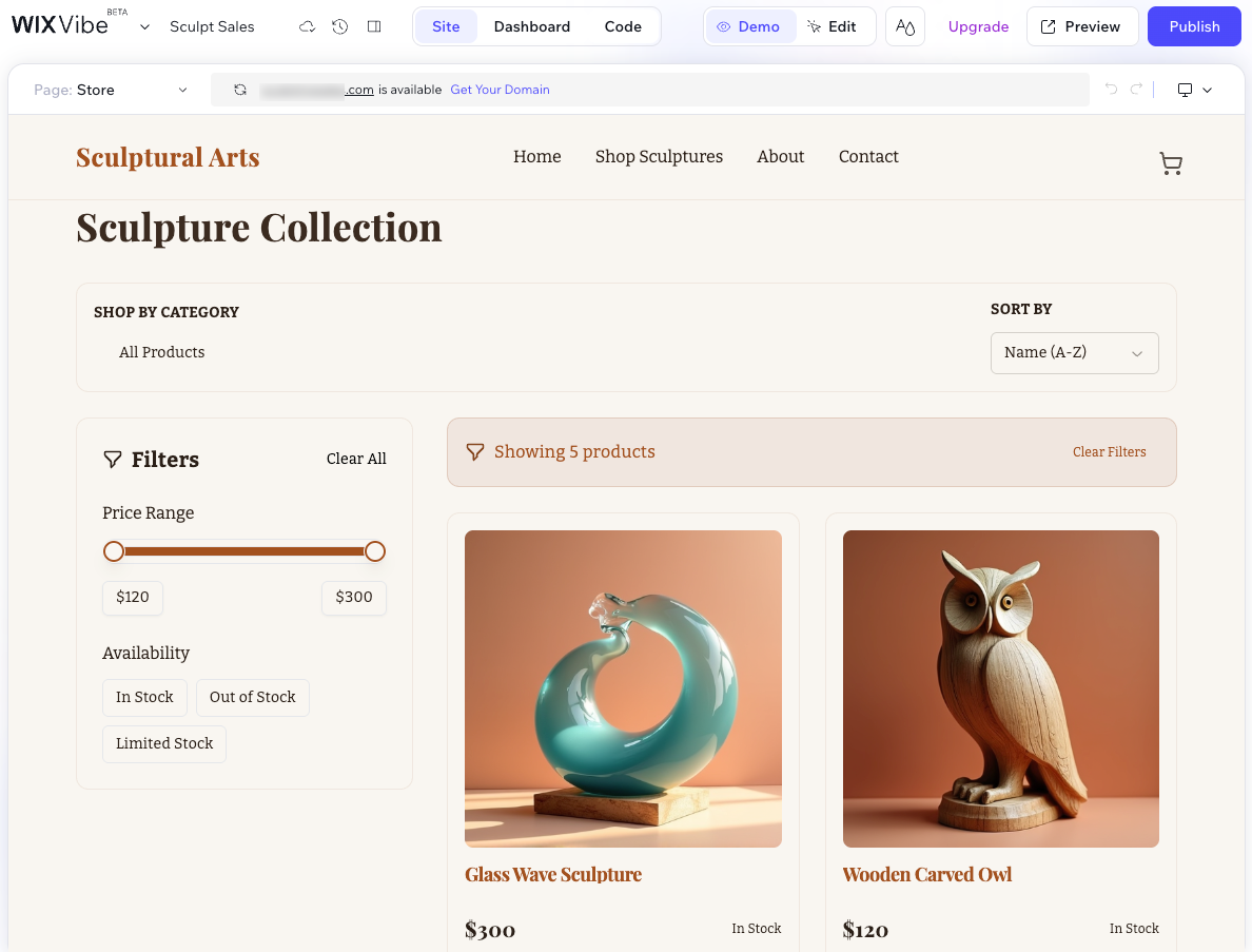 Screenshot of a store page in Wix Vibe.