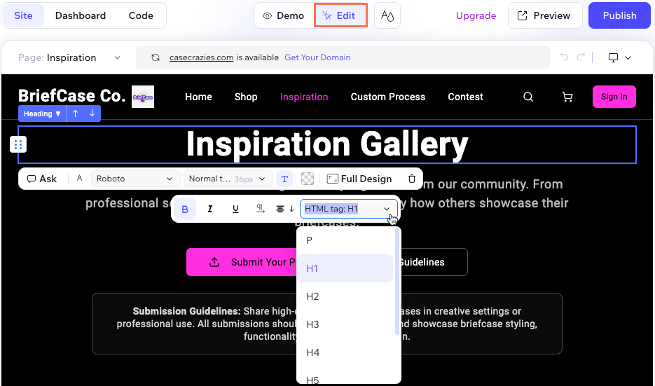 Screenshot of editing text in edit mode.
