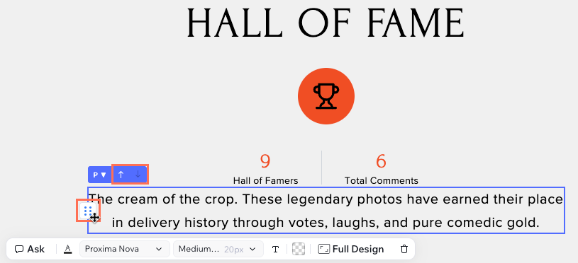 Screenshot of the Reorder icon and arrows you can use to reorder elements in the Wix Vibe Editor.