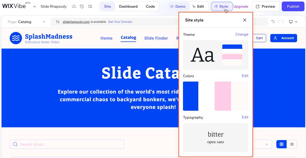 Screenshot of clicking Style at the top of the Wix Vibe Editor.