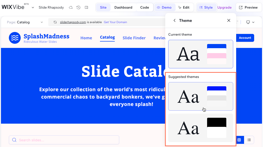 Screenshot of selecting a suggested site theme.