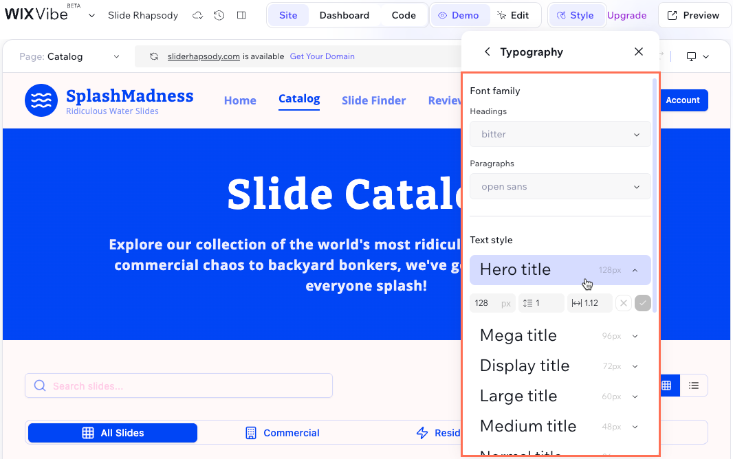 Screenshot of the font family and text styles you can choose.