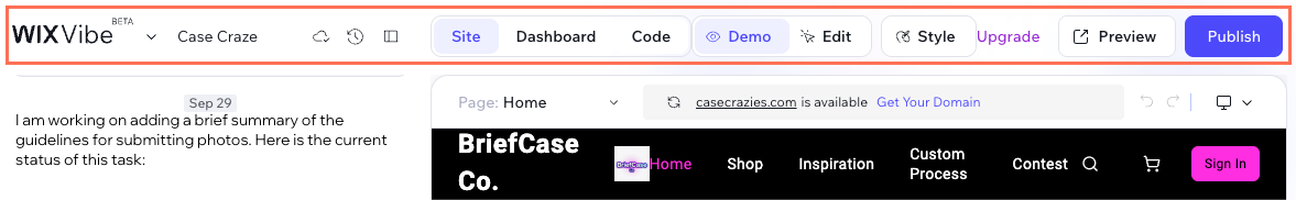 Screenshot of the top bar in the Wix Vibe Editor.