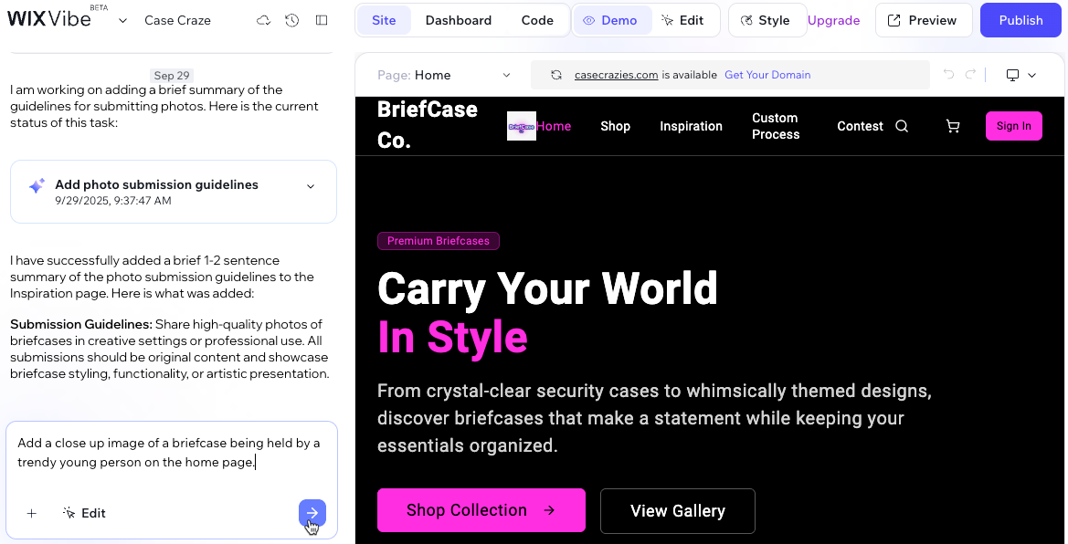 Screenshot of the Wix Vibe Editor.
