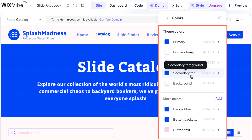 A screenshot showing the colors that can be chosen for the theme.
