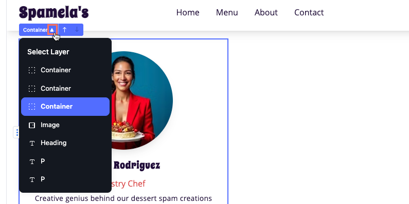 Screenshot of viewing and selecting layers of elements in the Wix Vibe Editor.