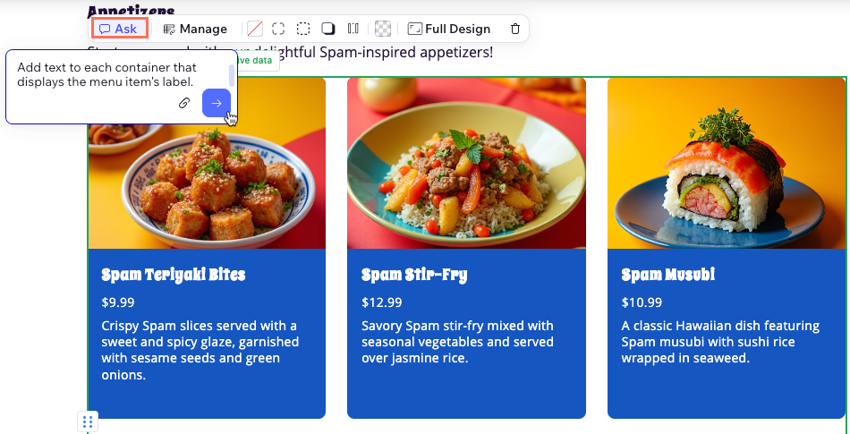 Screenshot of asking AI to adjust a menu's design in Wix Vibe.