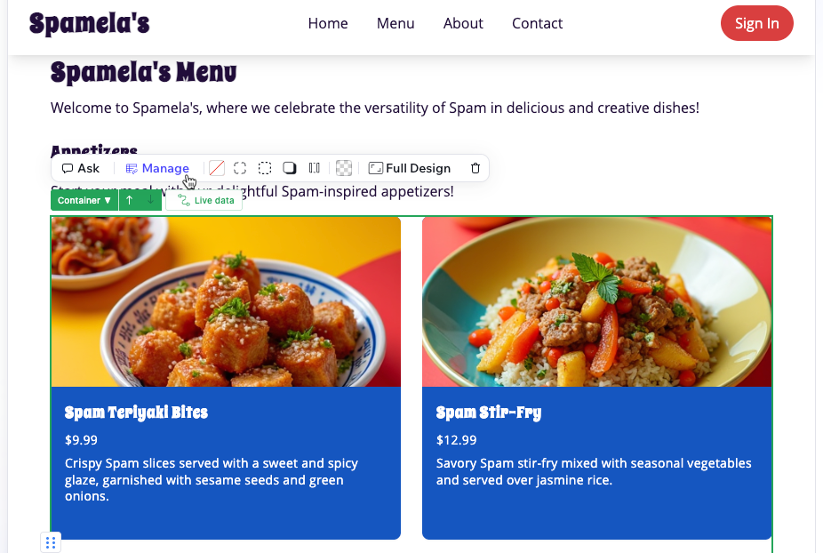 Screenshot of a menu's design options in the Wix Vibe Editor.