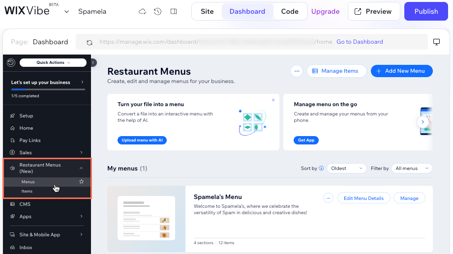 Screenshot of the Restaurant Menus (New) tab in a site's dashboard.