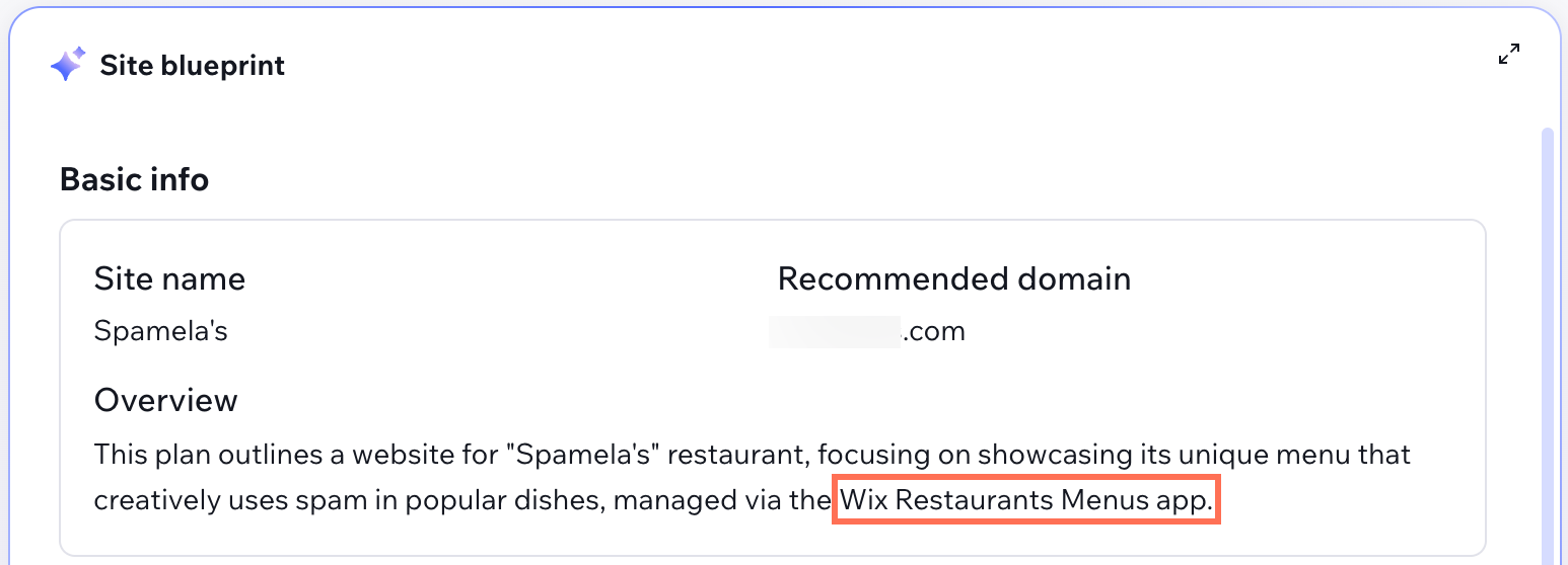 Screenshot of a site blueprint that includes the text: Wix Restaurants Menus app