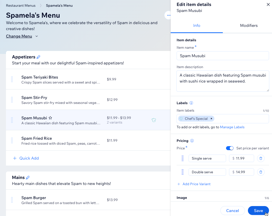 Screenshot of editing a menu item.