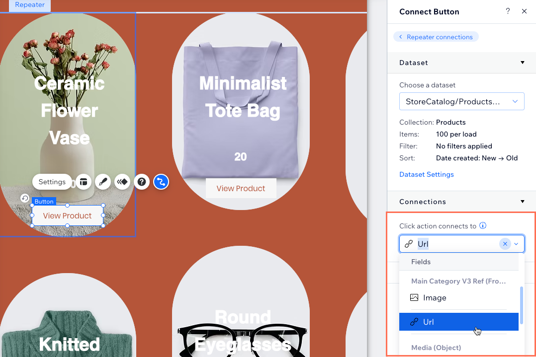 צילום מסך של בחירת שדה כתובת ה-URL עבור כפתור ברפיטר.