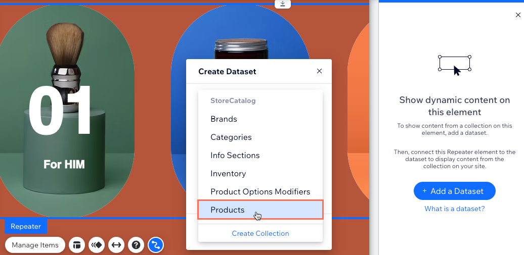 צילום מסך של בחירת אוסף Products של אפליקציית Wix.
