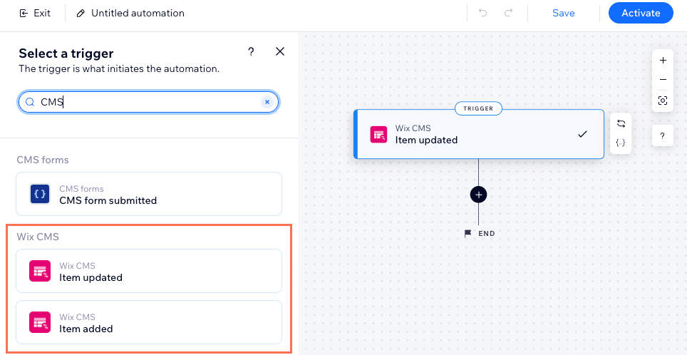 Screenshot of the CMS triggers in Wix Automations.