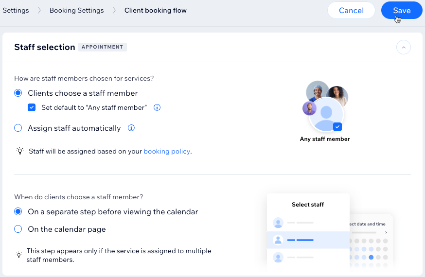 Personel seçimi ayarlarının ekran görüntüsü.