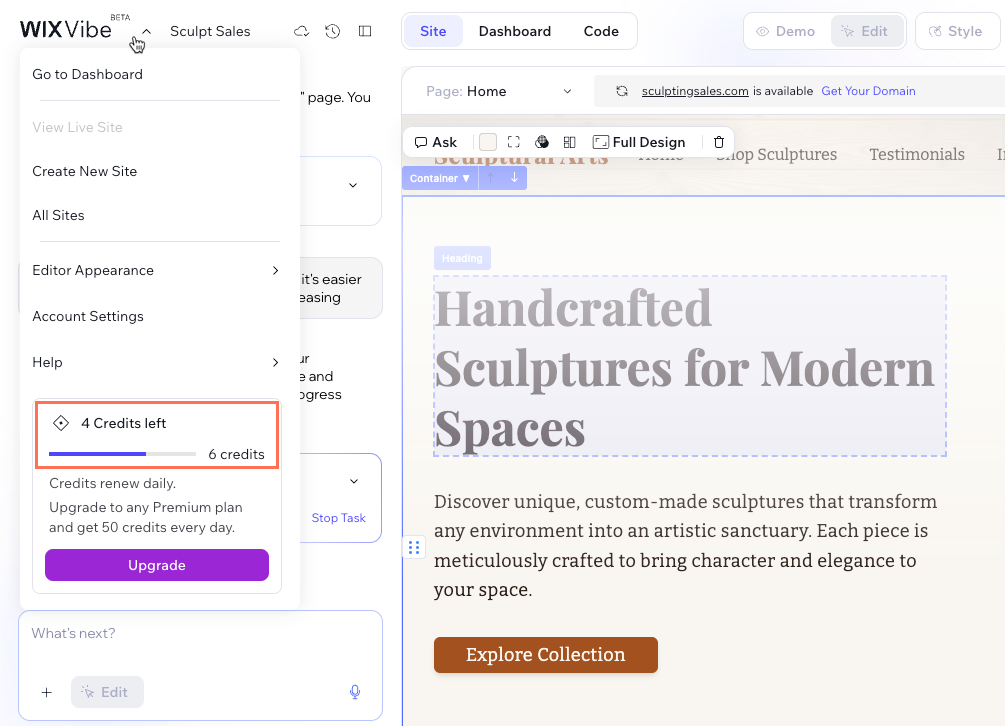Screenshot of a Vibe site's daily credits remaining.