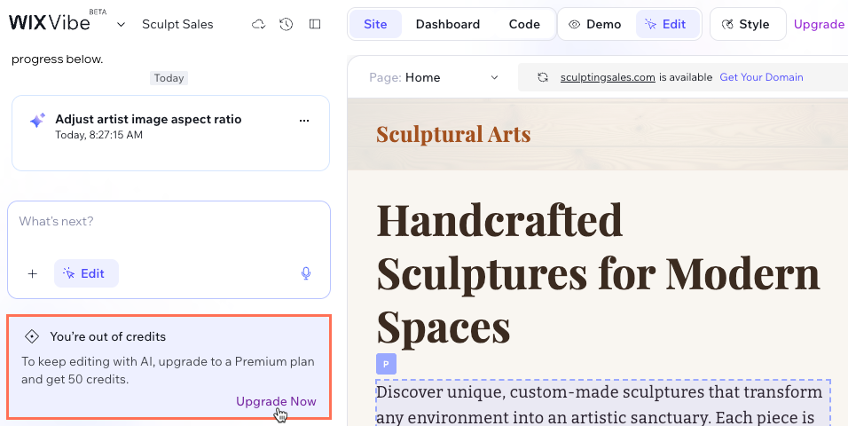 Screenshot of the Wix Vibe message that explains you are out of credits.