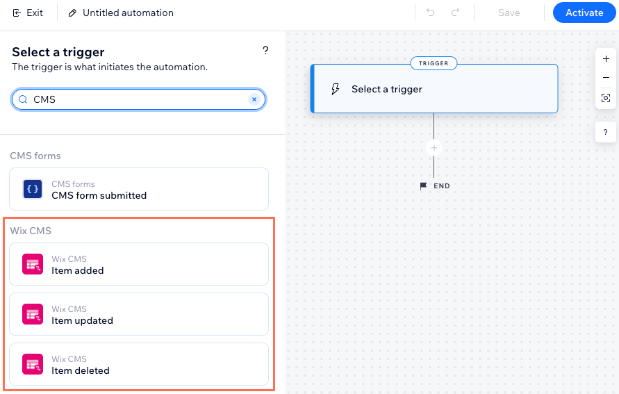 Screenshot der CMS-Trigger in Wix Automations.