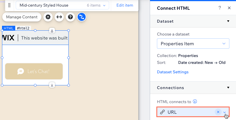 Screenshot of connecting the embed code element to URL field.